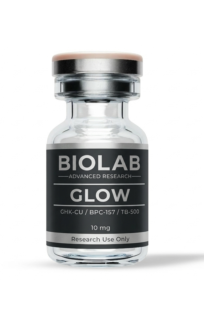 GLOW — BPC157 + GHK-Cu + TB500
10 mg + 50 mg + 10 mg | Research
Use Only - Fórmula regenerativa sinérgica